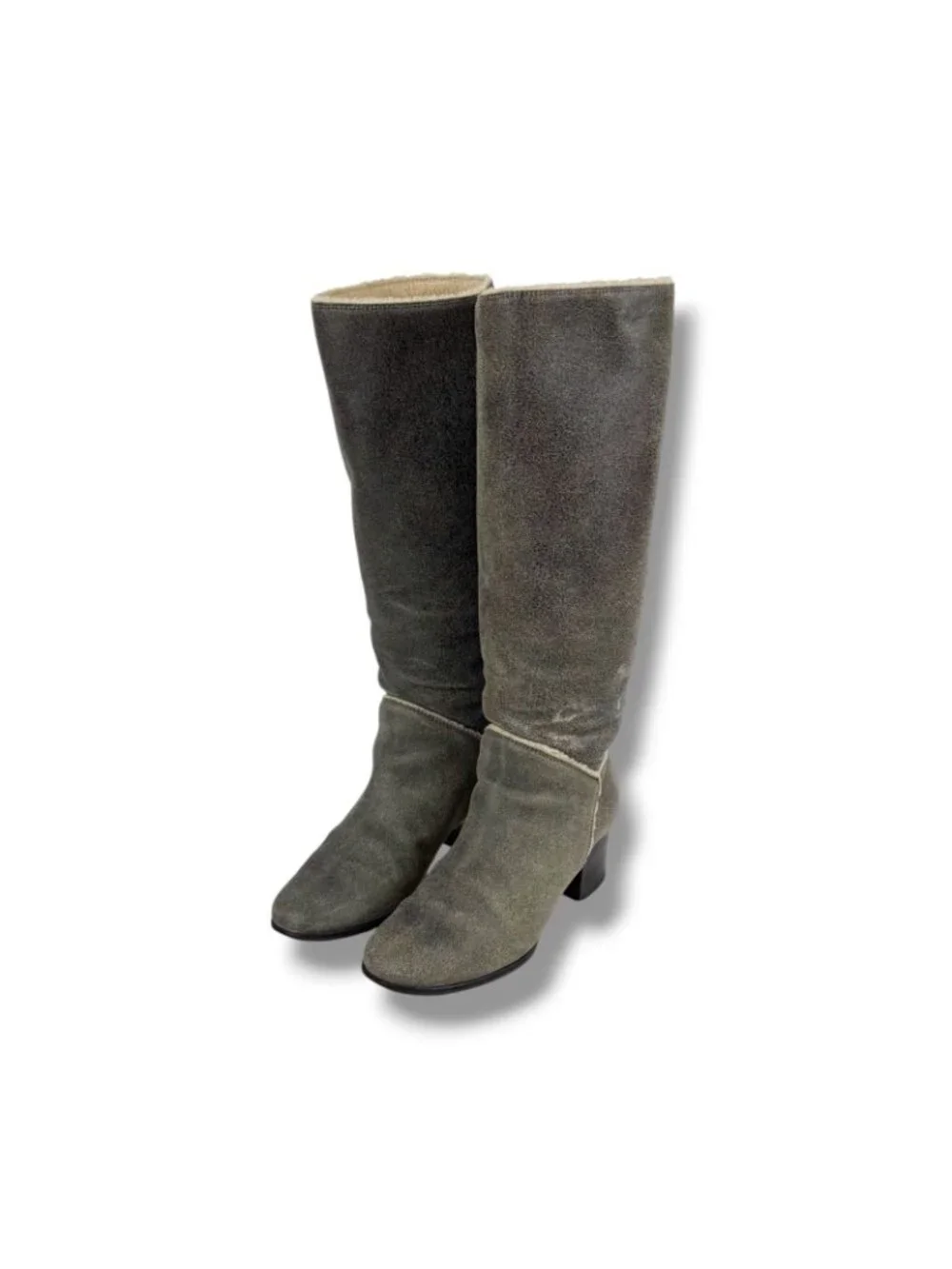 Chanel One Point CC Logo Shearling Long Boots Knee Length Gray 37c